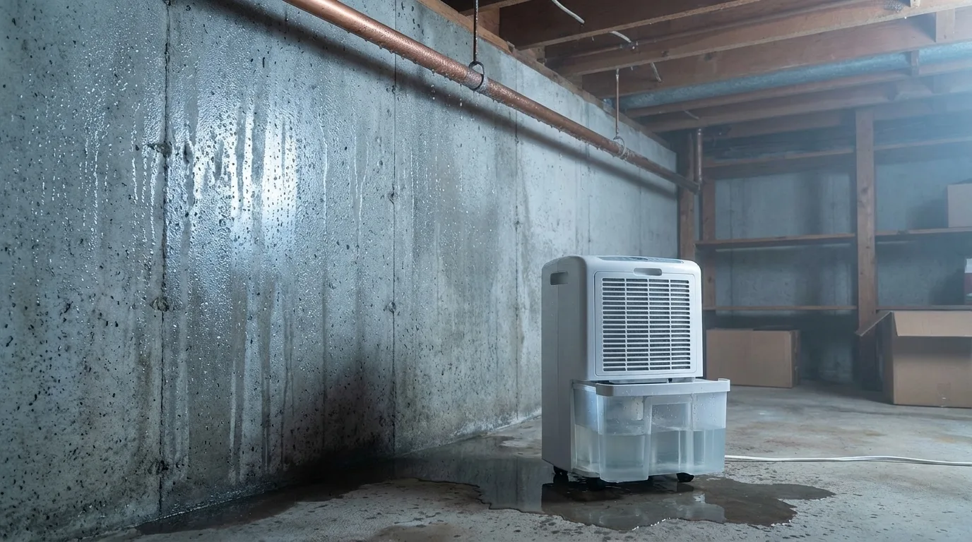 Dehumidifier overflowing in a damp basement with condensation on concrete walls and copper pipes