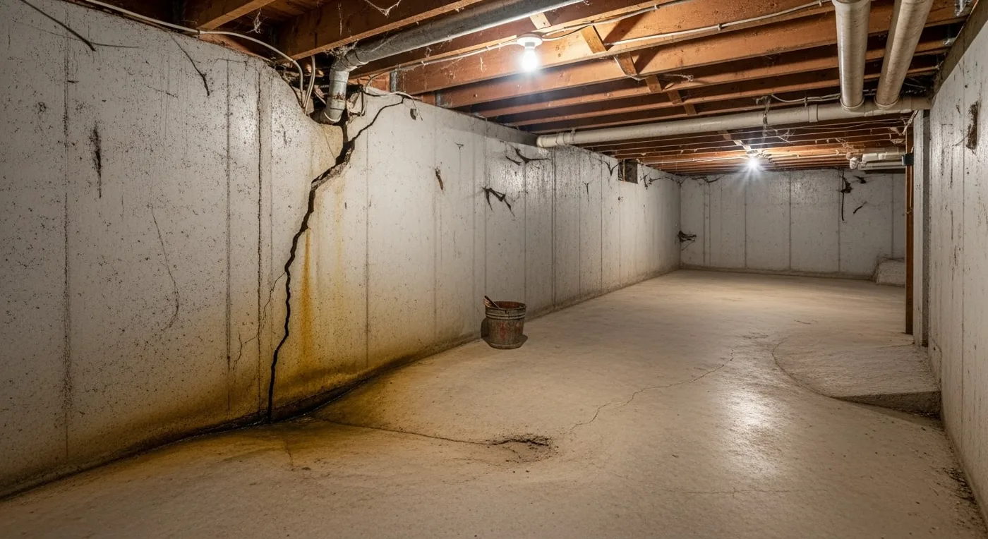 Basement wall showing visible foundation warning signs and cracks