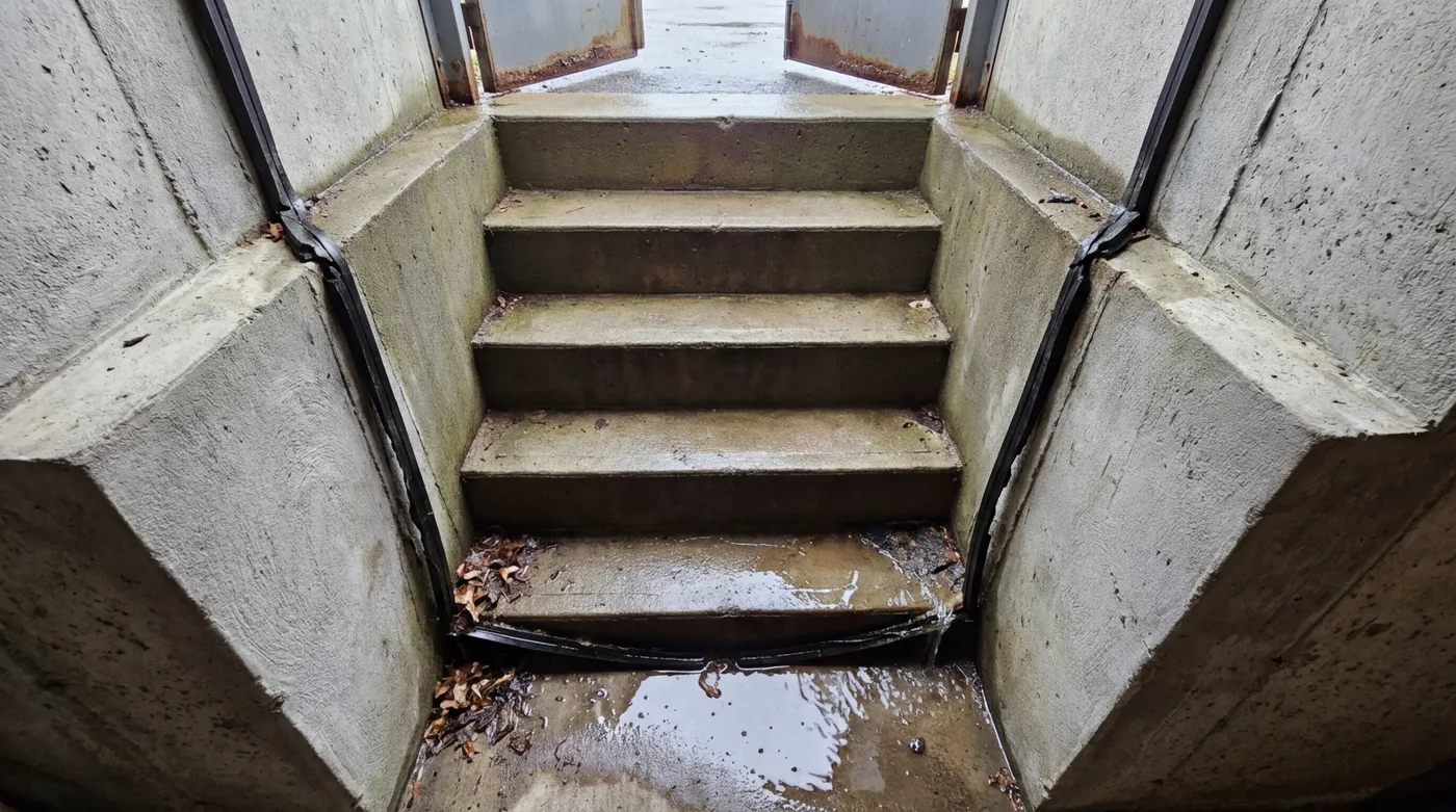 Looking down bulkhead stairs with water pooling at the bottom step where the precast unit meets the foundation wall