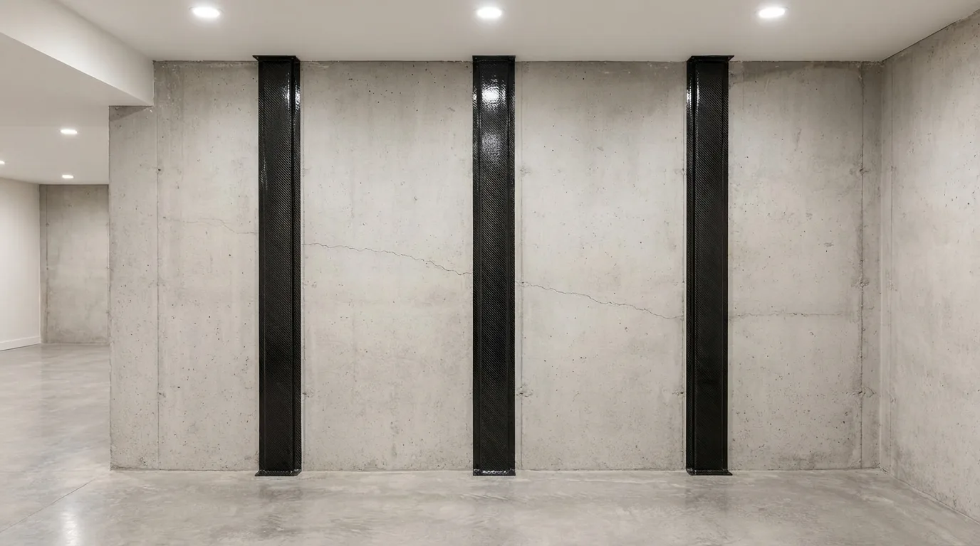 Three carbon fiber straps installed vertically on a poured concrete basement wall with a horizontal crack