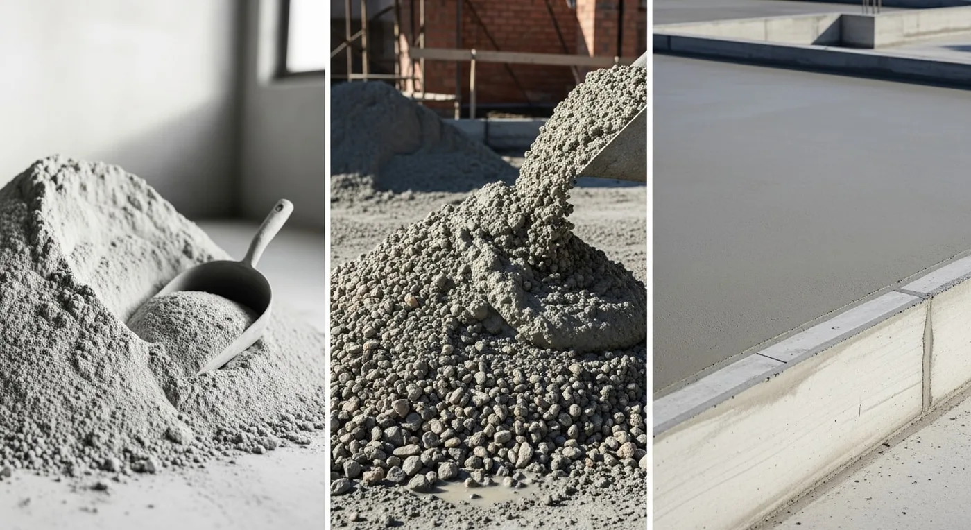 Side-by-side comparison of cement powder and concrete mix