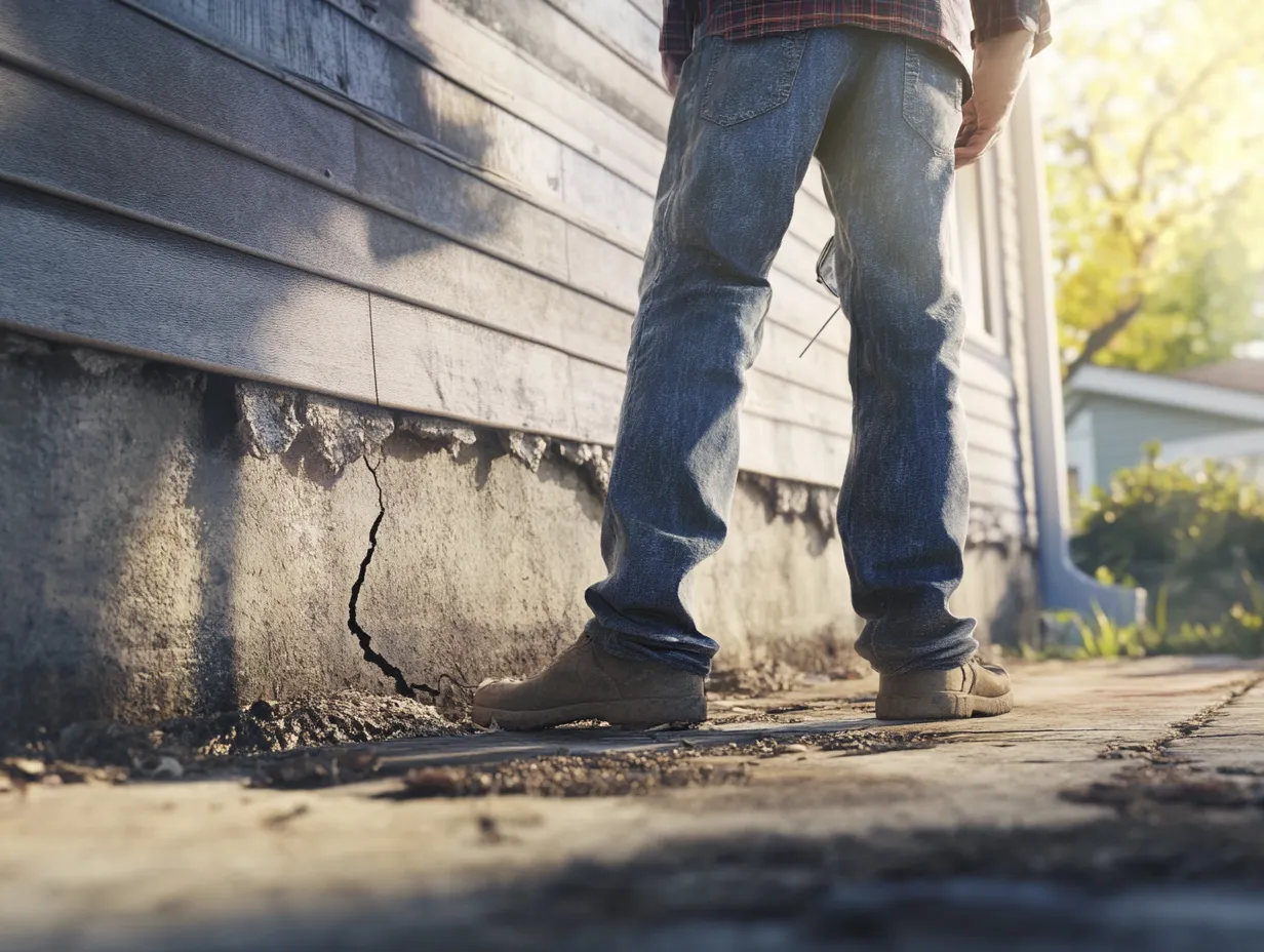 Homeowner inspecting basement foundation wall for cracks and damage signs