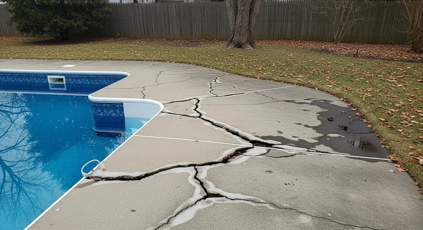 Cracked concrete pool deck showing freeze-thaw damage