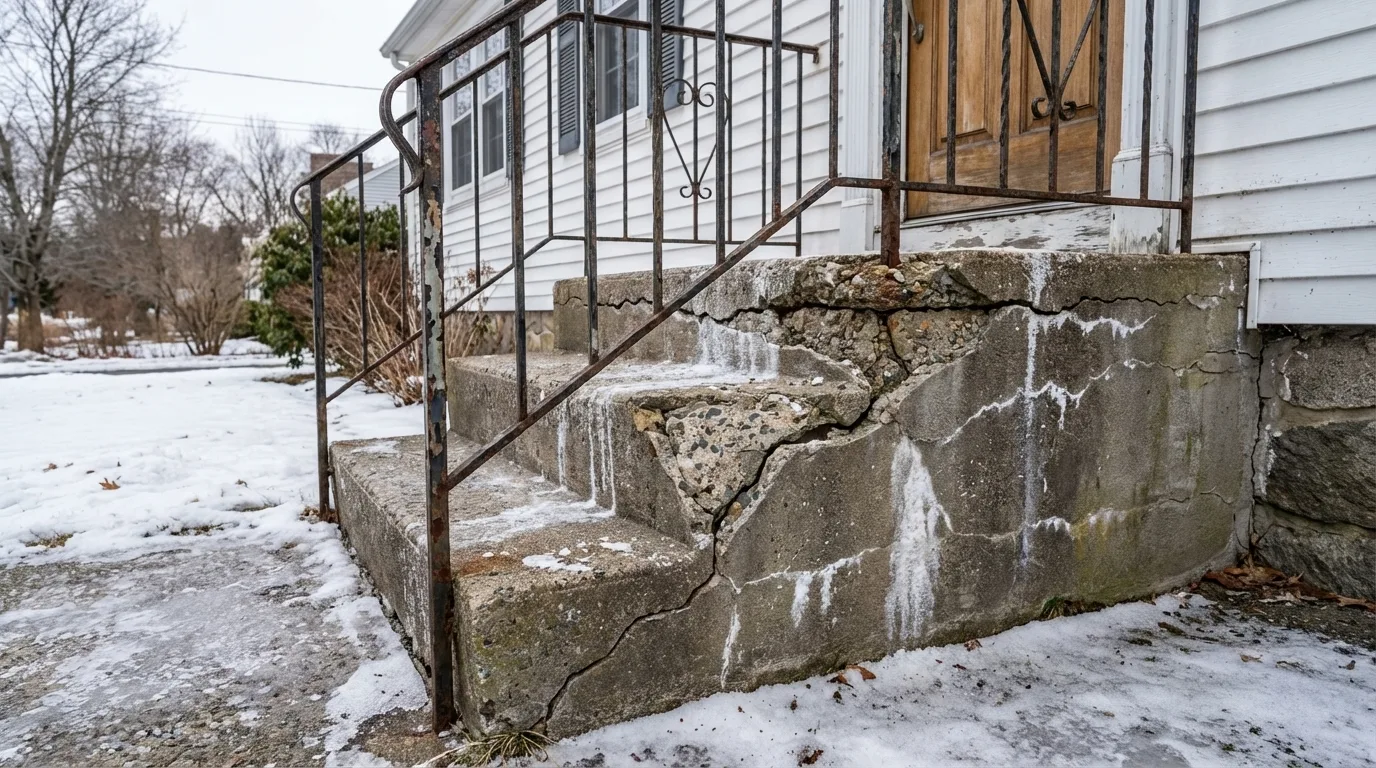 Crumbling concrete front steps with freeze-thaw cracks and exposed aggregate at a New England home