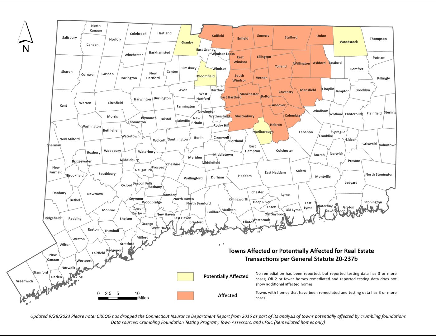 Map of crumbling foundation affected towns in Connecticut and Massachusetts 2023