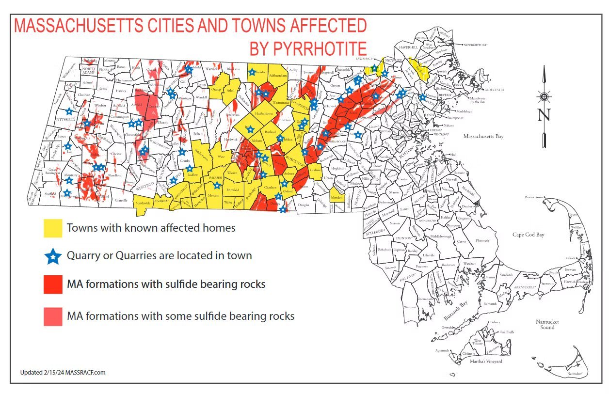 Map of pyrrhotite-affected towns in Massachusetts and Connecticut as of August 2024