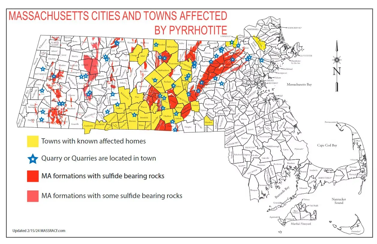 Map of pyrrhotite-affected towns in Massachusetts and Connecticut as of August 2024