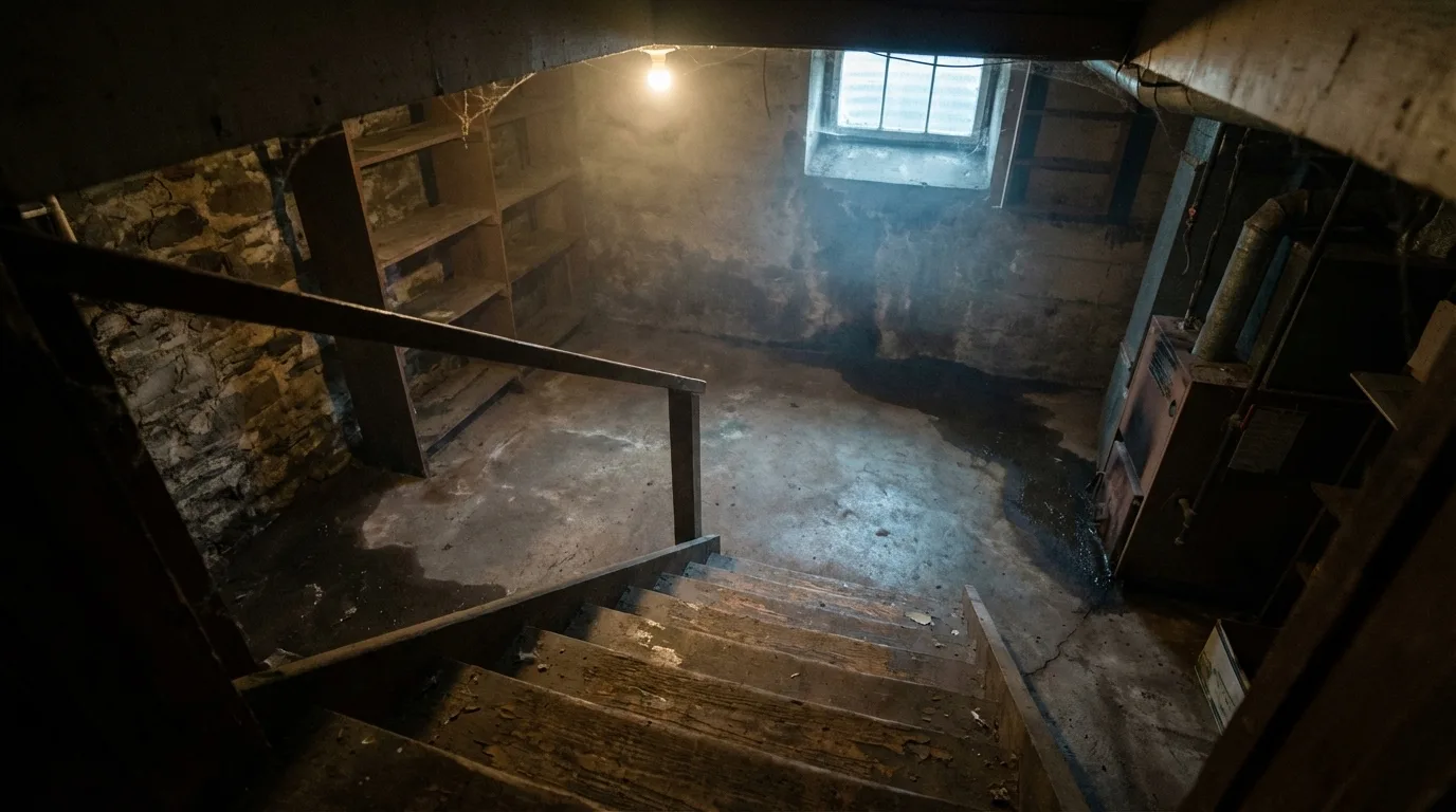 View down basement stairs into a damp, musty basement with moisture staining and hazy air