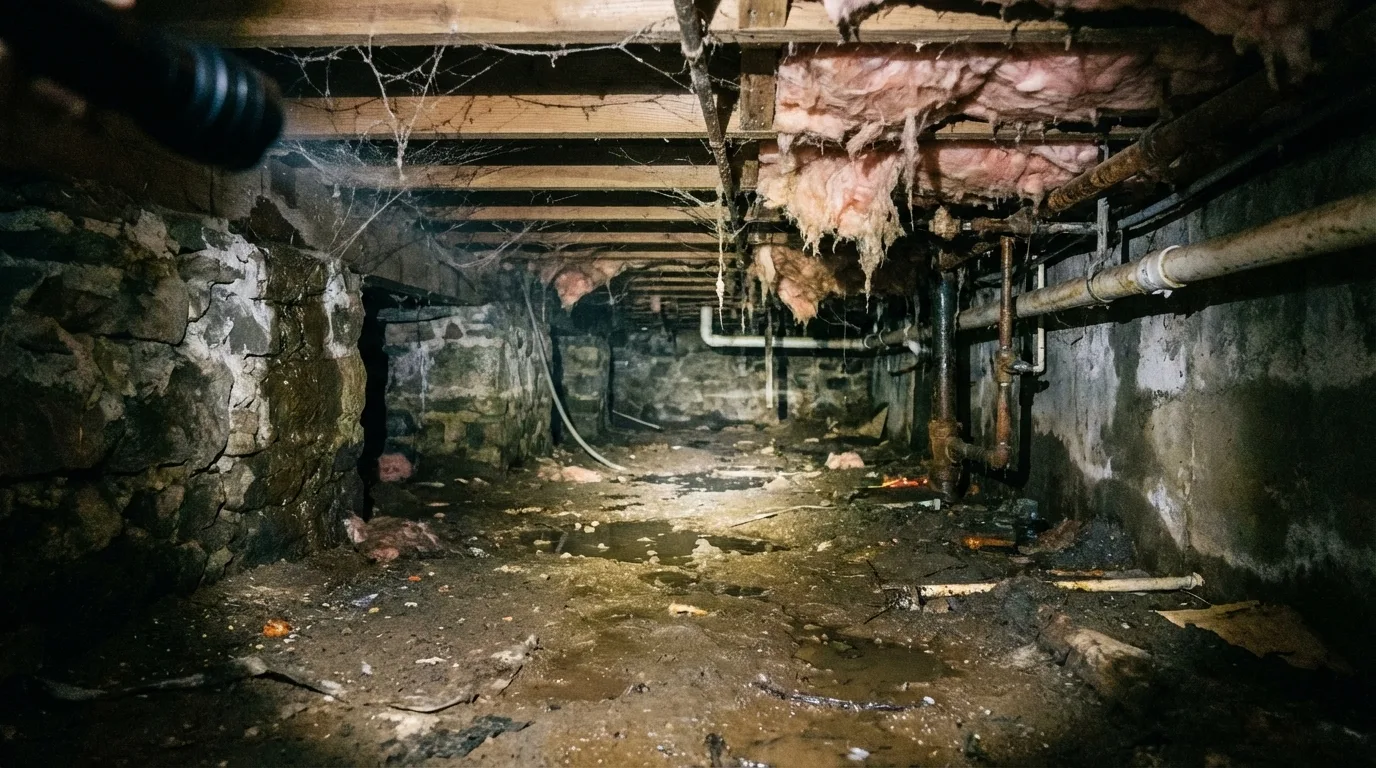 Damp crawl space with stone foundation walls, sagging insulation, and standing water on dirt floor