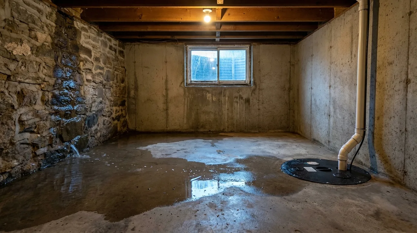 Basement with water seeping through foundation wall and sump pump showing flooding prevention