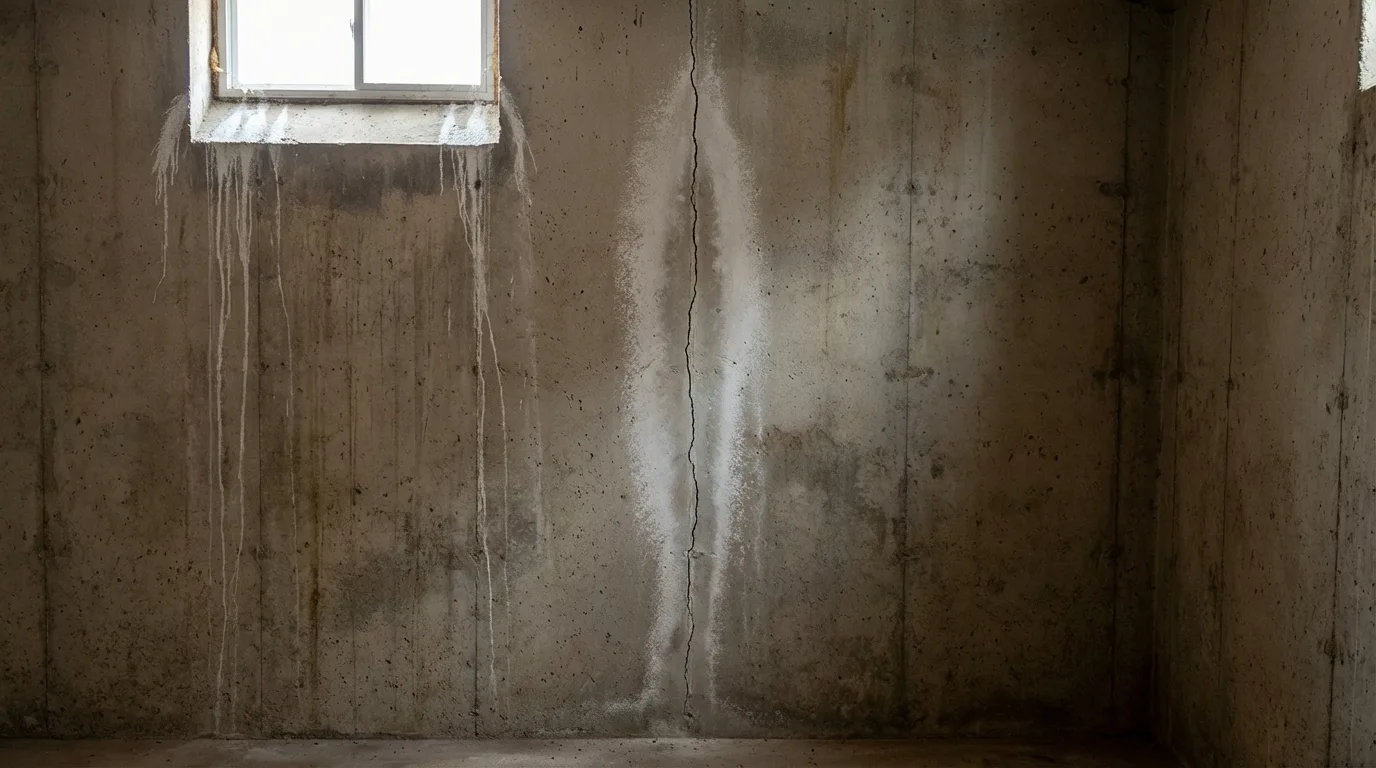 Basement wall showing white chalky efflorescence deposits along a vertical crack and streaking down from a window