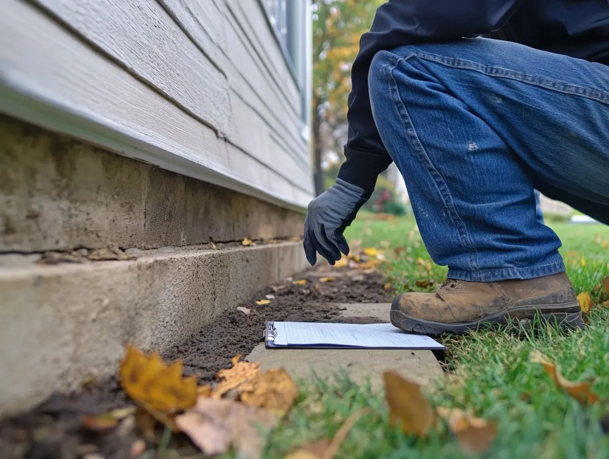 Homeowner inspecting foundation near home exterior for preventive maintenance