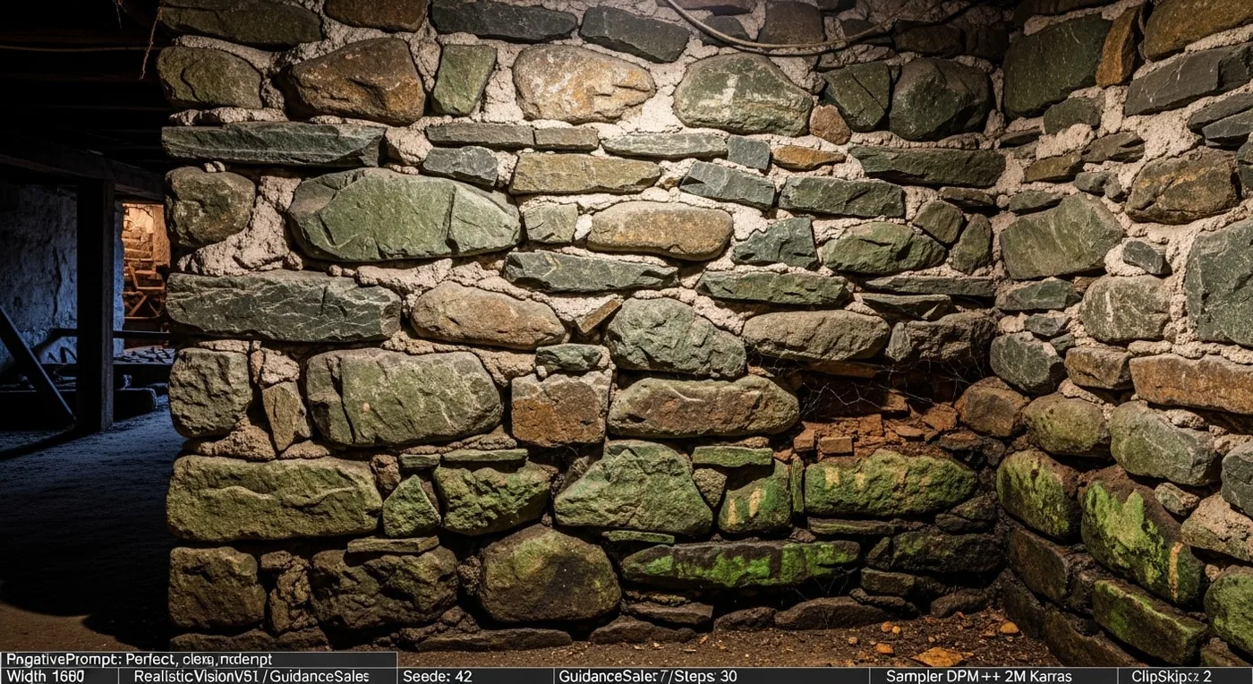 Deteriorating fieldstone foundation wall with crumbling mortar joints