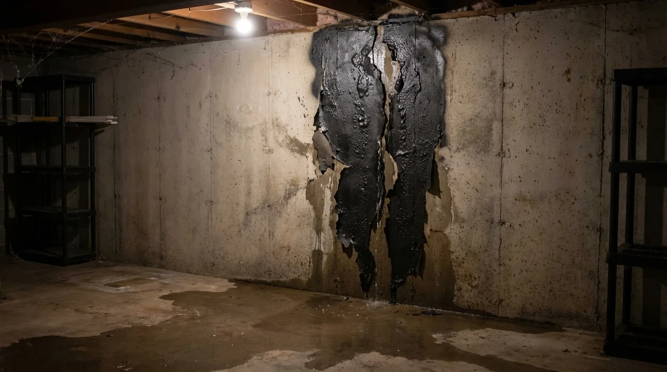 Failed Flex Seal patch peeling off a leaking basement wall crack with water seeping through onto the floor