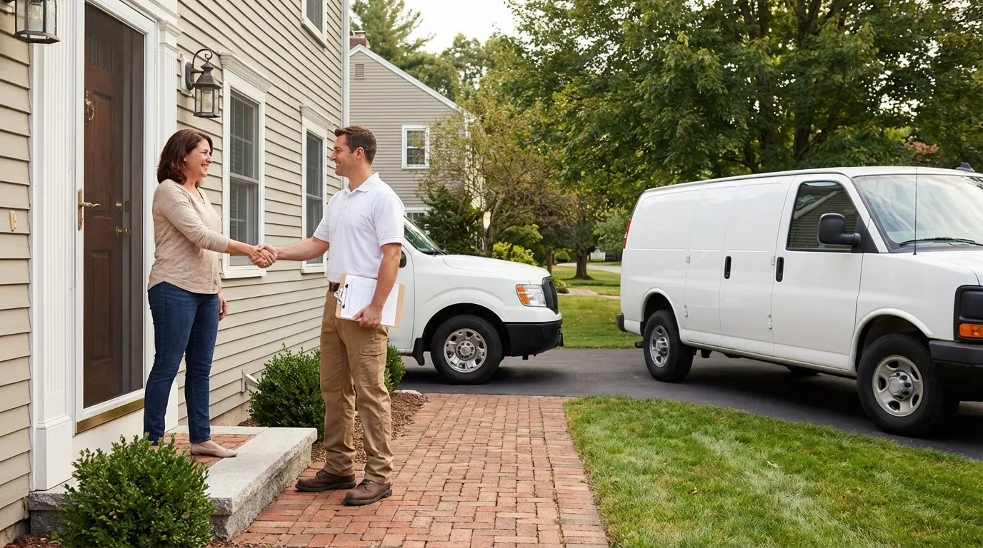 Foundation repair contractor greeting a homeowner at their front door with work van in the driveway