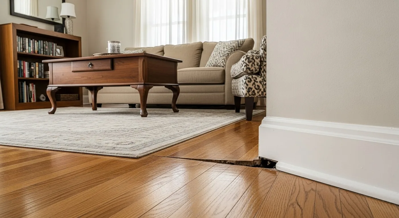 Gap between baseboard and floor showing foundation settling