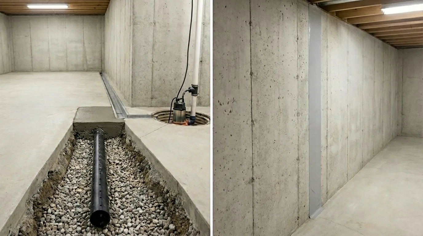 Side-by-side comparison of an interior French drain with perforated pipe and gravel versus a clean concrete wall after crack injection
