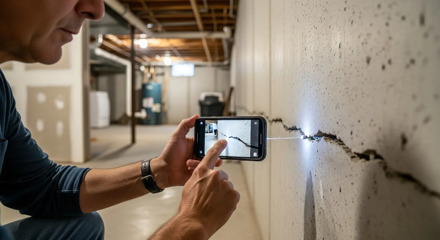 Homeowner photographing a foundation crack to send for diagnosis