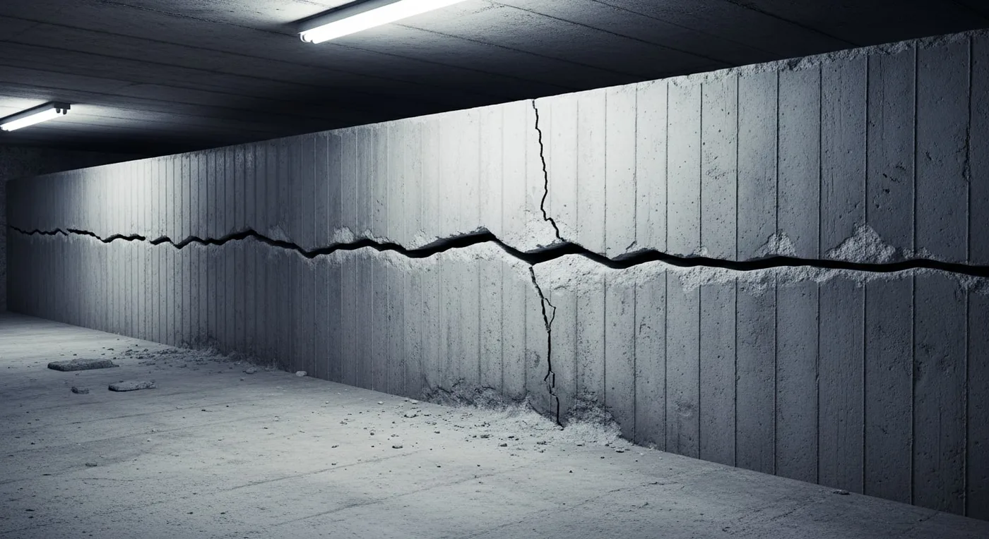 Horizontal crack in bowing basement wall showing structural pressure