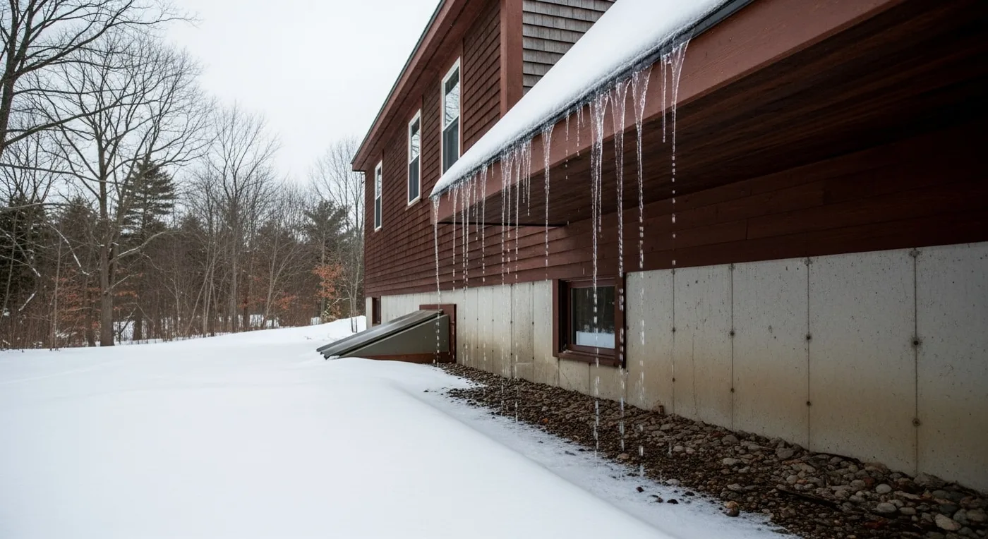 Ice dam on roof edge with water dripping toward home foundation in winter
