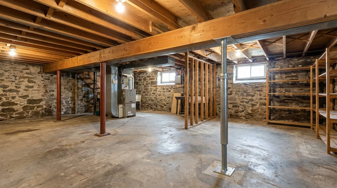 New England basement with lally columns supporting the main carrying beam, fieldstone walls and concrete floor visible