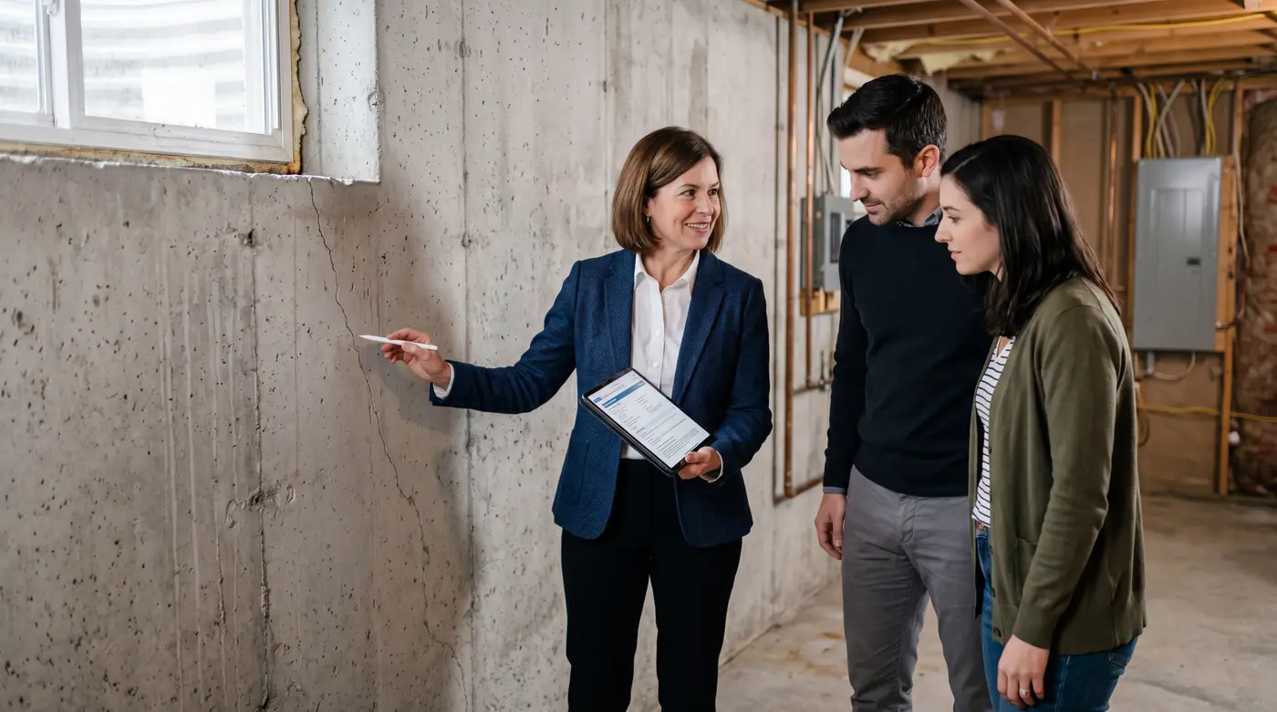 Real estate agent showing a young buyer couple a foundation crack during a home inspection in a basement