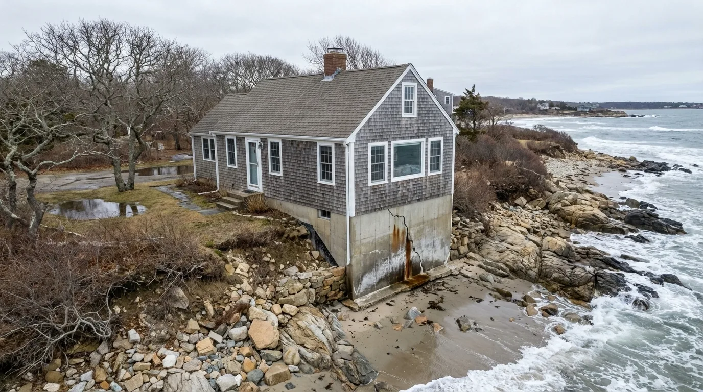 Cape Cod style home on the Massachusetts South Shore coastline with visible foundation crack and coastal erosion
