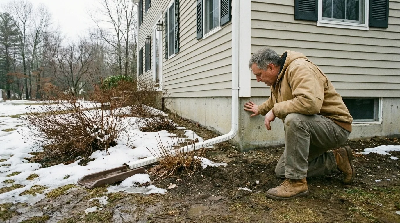 Homeowner inspecting foundation exterior during spring thaw with snow melting around the house