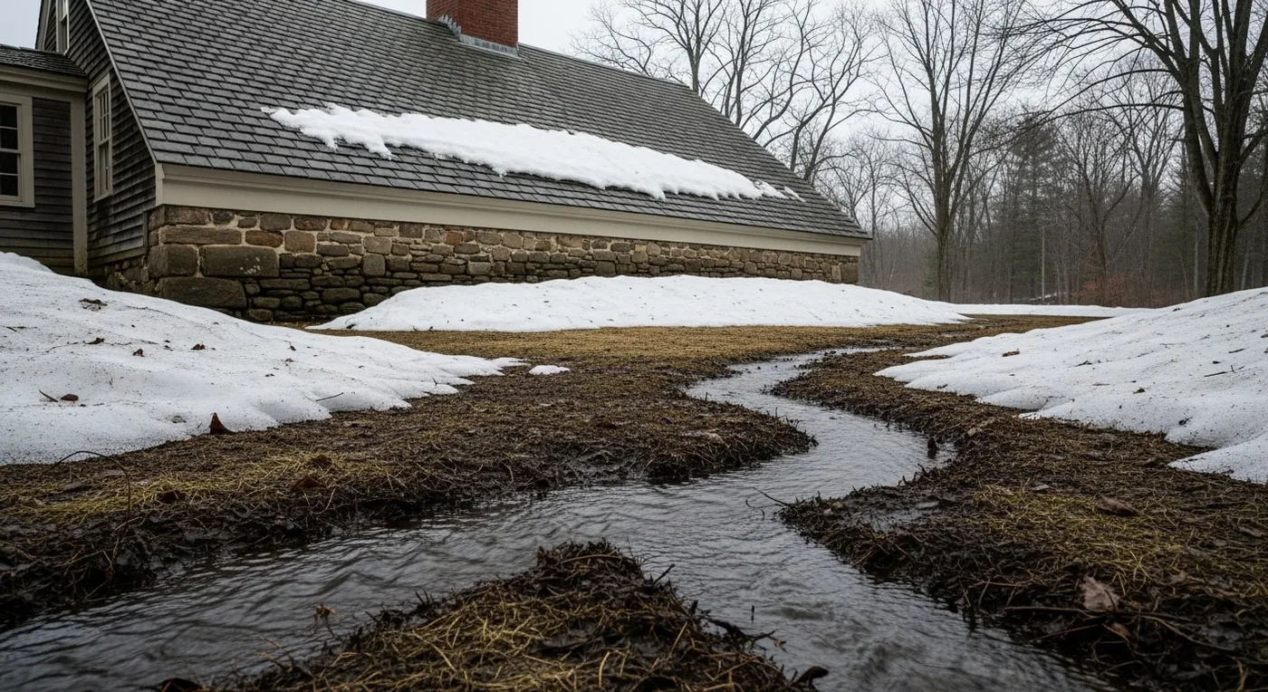 Snow melting near a home foundation during spring thaw in New England