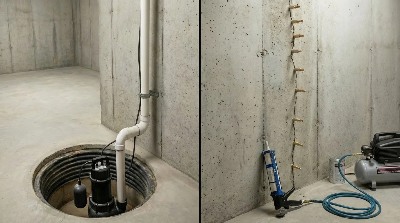 Side-by-side comparison of a sump pump in a basement pit and crack injection ports along a foundation wall crack