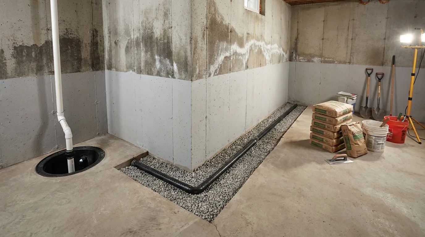 Basement waterproofing in progress with interior French drain, sump pump pit, and drainage materials