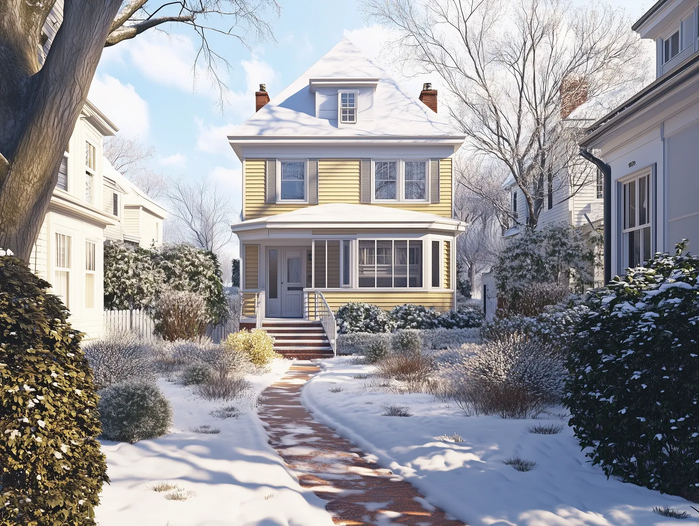 Home exterior in winter showing proper maintenance preparation for cold weather