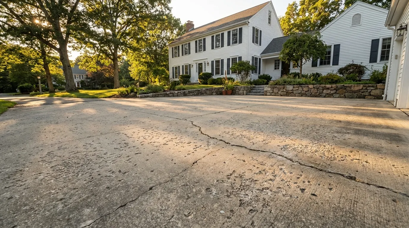 Cracked concrete driveway at a New England home needing repair